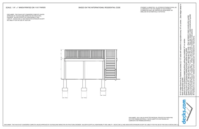 Black-and-white side elevation of an elevated deck with railing, stairs, and support posts, showing construction dimensions and notes. The view appears to be a technical deck detail rather than a rendered perspective.
