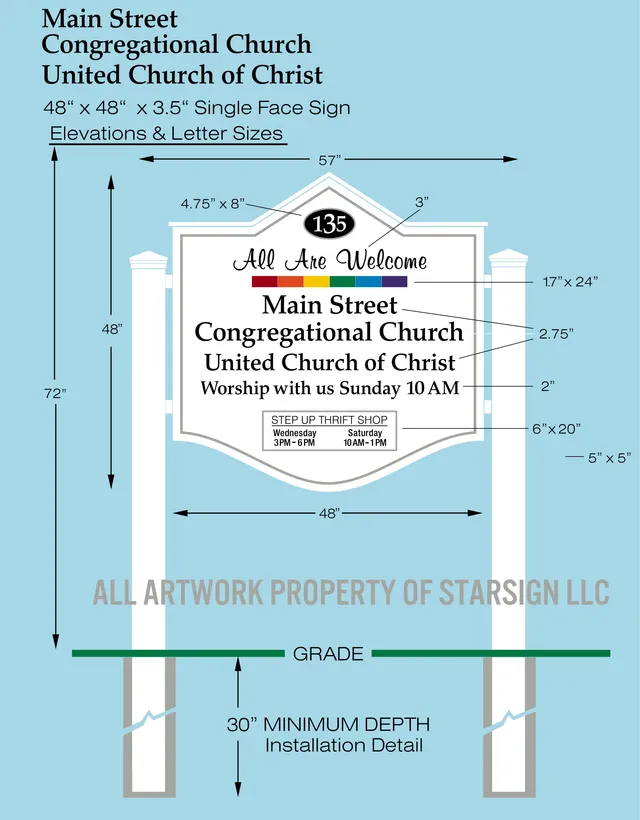 Colored sign elevation and installation detail for the Main Street Congregational Church / United Church of Christ, showing the proposed 48-inch by 48-inch single-face sign with lettering, address plaque, and support posts. The sheet includes dimensions, letter sizes, and grade/installation notes.