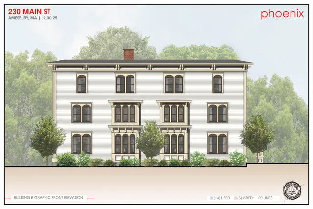 Colored front elevation of Building B for the proposed 230 Main Street project, showing a three-story residential façade with multiple windows, porches, and a central chimney, framed by landscape graphics.