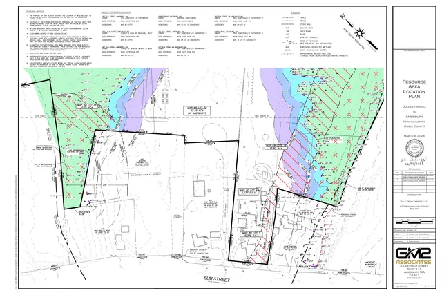 Resource Area Location Plan showing the Golden Triangle site in Amesbury, Massachusetts, with property boundaries, wetland/resource area delineations, buffer zones, and adjacent lots along Elm Street. The sheet includes color-coded wetlands and setback overlays, a legend, north arrow, and title block.