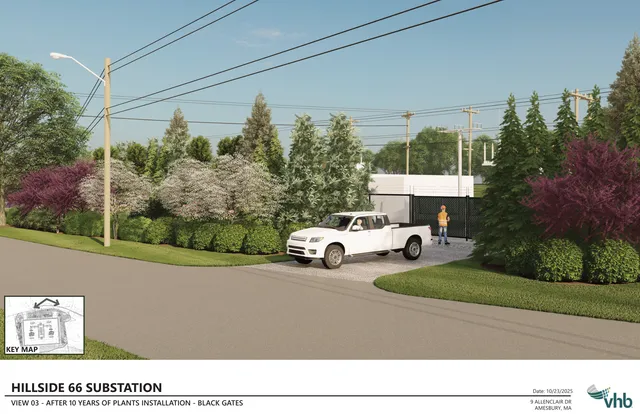 Full-color landscape rendering of the proposed Hillside 66 Substation from a street-level viewpoint, showing the site entrance with black gates, a pickup truck, utility poles, and dense plantings after 10 years of growth. A small key map inset appears in the lower-left corner, and the sheet is labeled as View 03.