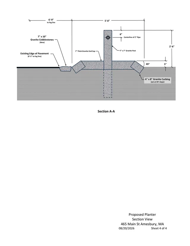 Section A-A showing the proposed planter detail at 465 Main St. It illustrates the granite cobblestones, granite post, end cap, and curbing with dimensions and notes.