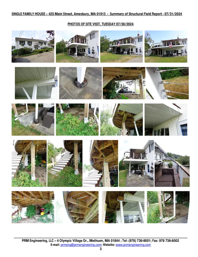 Collage of site visit photographs showing the existing single-family house at 425 Main Street and multiple views of the rear deck, its support posts, underside framing, stairs, and connection details. The page includes exterior overview shots and close-up construction-condition photos from several angles.