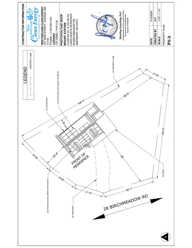 Site plan for 28 Birchmeadow Rd showing the existing residence, property lines, driveway, deck, and proposed photovoltaic arrays on the roof and on the ground. The plan also labels setbacks, dimensions, north arrow, and contractor/project information.