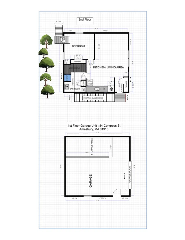 Colored floor plan sheet showing the 2nd floor layout above and the 1st floor garage/storage layout below for 84 Congress St in Amesbury, MA. The 2nd floor includes a bedroom, kitchen/living area, bathroom, closets, mechanicals, and main egress stairway.