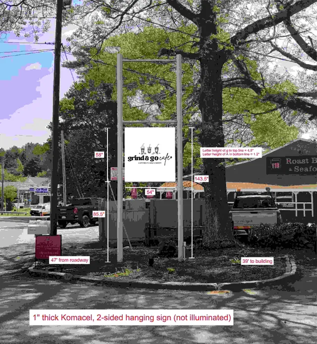 Street-level photo of the existing storefront area with a proposed hanging sign for "grind & go cafe" shown in the center, along with dimension callouts and placement measurements. The image includes the surrounding trees, roadway, and adjacent building facade as context for the sign location.