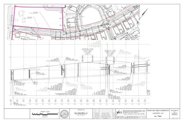 Civil roadway and utility profile sheet for Elm Street, showing the existing and proposed alignment, utility locations, and profile grades along the roadway corridor. The top half is a plan view with highlighted proposed limits; the lower half is a profile with stationing, elevations, and pipe/structure callouts.