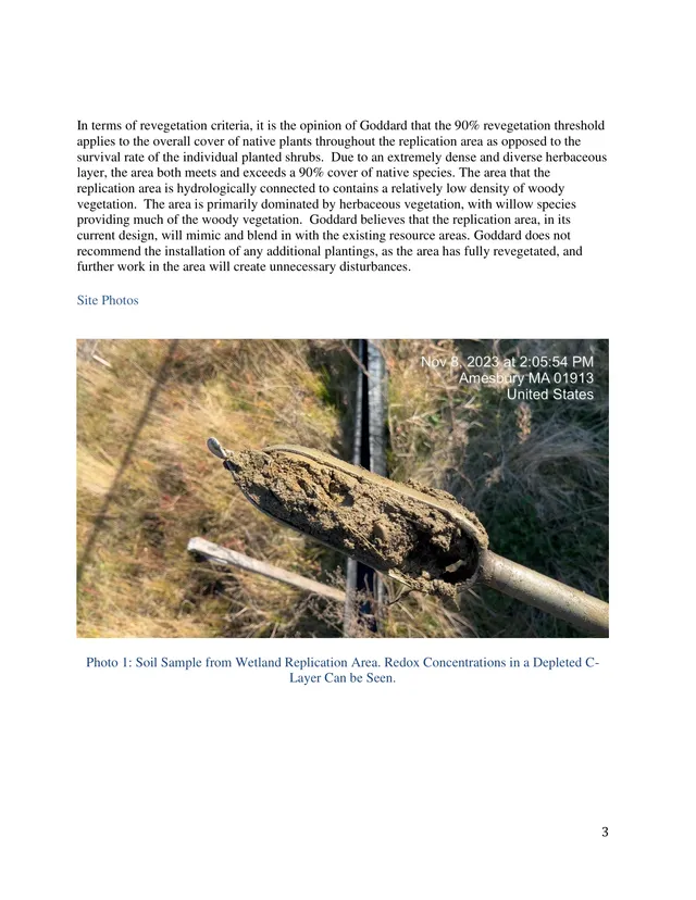 A site photo of a soil sample taken from a wetland replication area, showing mud on a soil auger or shovel head with marsh vegetation in the background. The page includes explanatory text above and a caption below the photo.