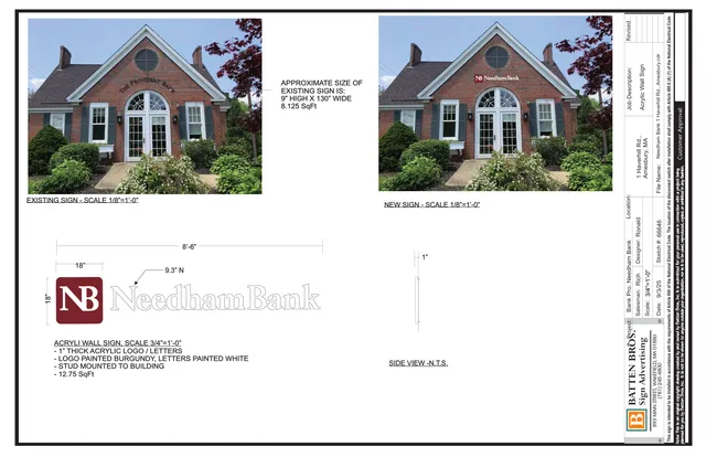 Composite sign permit sheet showing the existing bank facade and a proposed new Needham Bank wall sign superimposed on the building. The page also includes sign dimensions, a front sign detail, and a side-view detail.