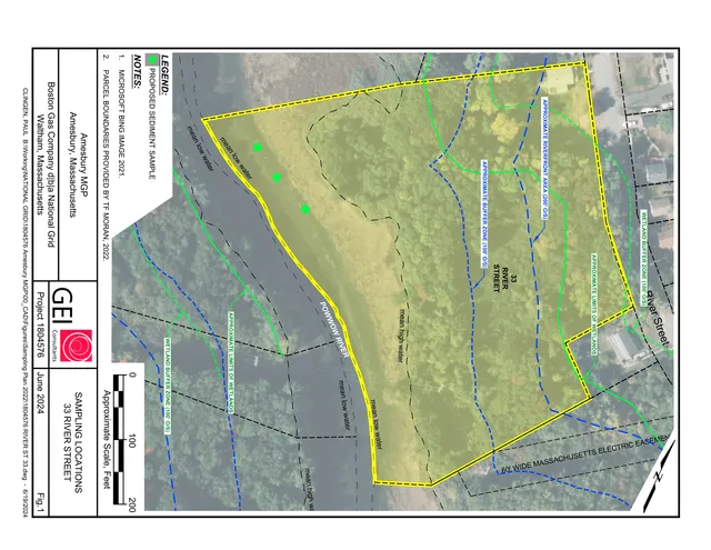 A plan-view aerial map of 33 River Street showing the parcel boundary, nearby river frontage, wetlands and buffer limits, and several proposed sediment sampling locations marked in green. The sheet includes labels for mean low/high water, riverfront area, and adjacent street and utility easements.