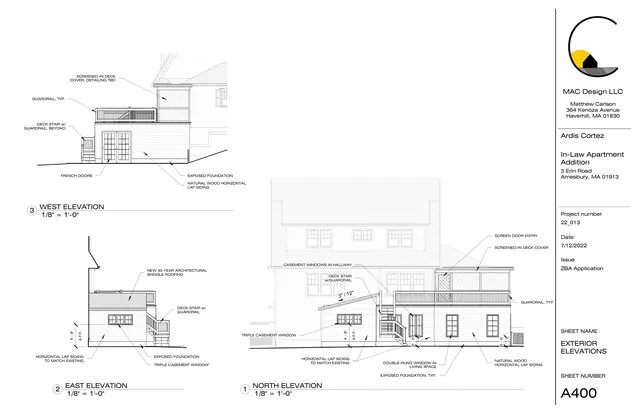 Architectural sheet showing exterior elevations for the proposed in-law apartment addition at 3 Erin Road, including north, east, and west views with notes on siding, deck, windows, and roof details.