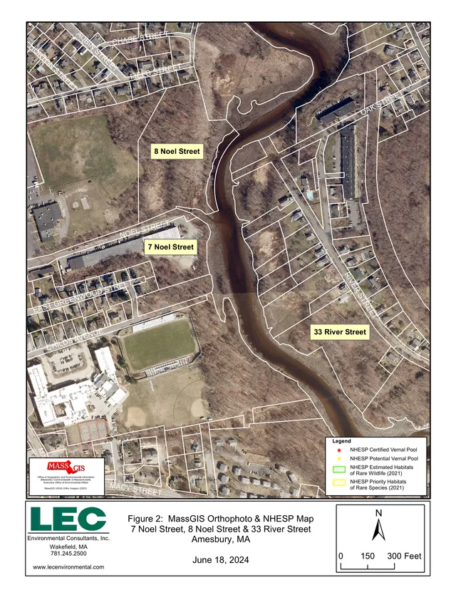 MassGIS orthophoto map showing 7 Noel Street, 8 Noel Street, and 33 River Street in Amesbury, MA, with parcel boundaries, street labels, and NHESP rare species habitat overlays along the river corridor.