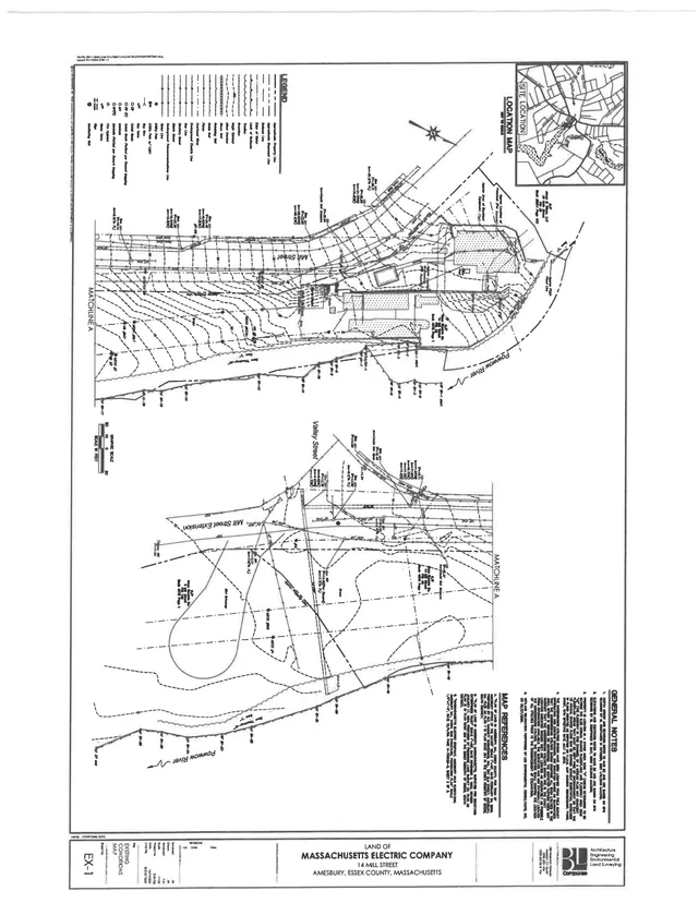 An existing-conditions topographic map for the Powwow River/Mill Street area, showing contour lines, waterways, roads, matchlines, and a small site-location inset. The sheet includes notes, a legend, and labeled areas such as Mill Street Extension and Valley Street.