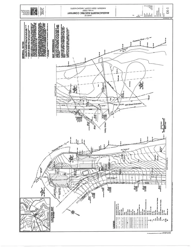 Existing conditions and topographic map for the Mill Street site, showing contours, the Powow River, Mill Street Extension, Valley Street, and a small inset location map.