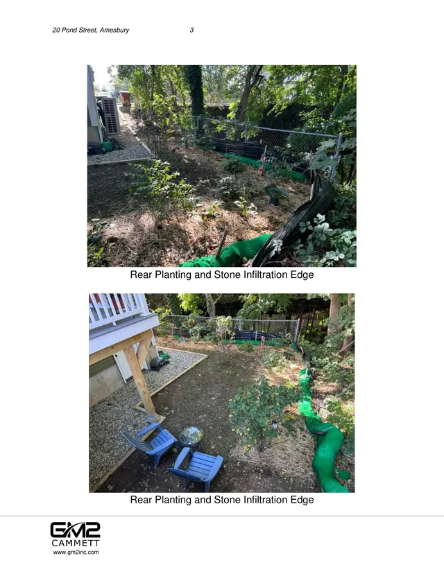 Two color photographs of the rear yard at 20 Pond Street, showing planted areas and a stone infiltration edge along the back of the property near a chain-link fence and trees. One view looks across the rear planting bed from close range, and the other looks down toward the yard from a higher vantage near the house deck.
