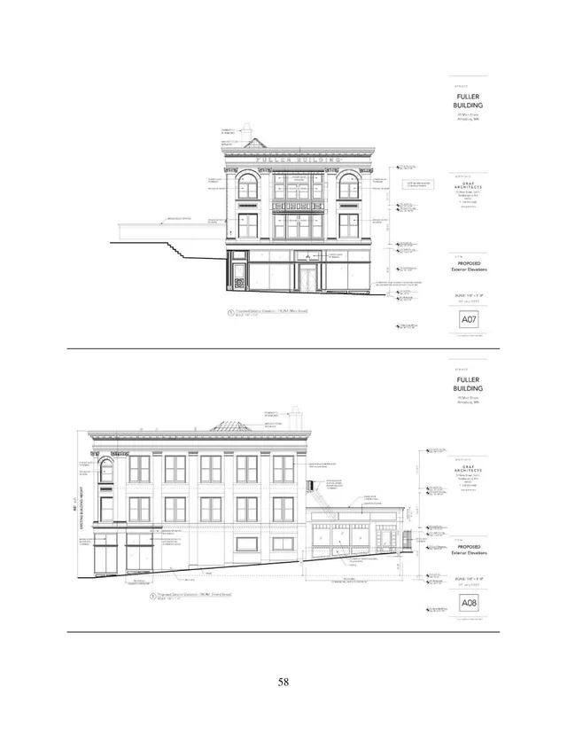 Sheet showing proposed exterior elevations for the Fuller Building at 45 Main Street, including the Main Street facade and the Friend Street facade with a rear/side addition. The drawings are black-and-white architectural line elevations with annotations and dimensions.