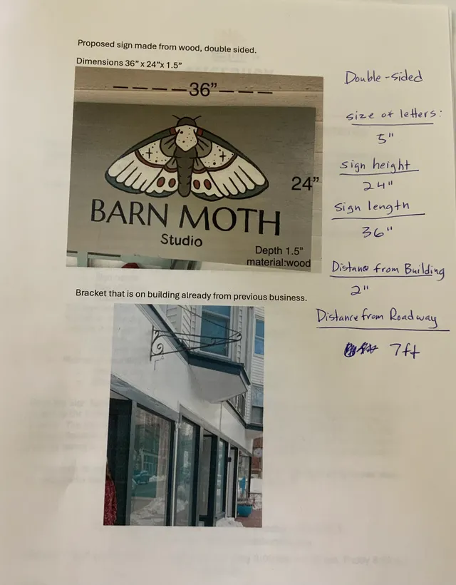 A sign permit presentation sheet showing a proposed double-sided wood sign for "Barn Moth Studio" with dimensions noted, along with a photo of the existing wall bracket already on the building and a street-side photo of the storefront.