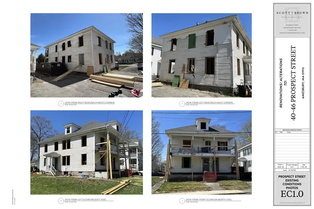 Sheet of existing-conditions photos showing the Prospect Street building from four exterior vantage points: front (north), left/east elevation, left rear/southeast corner, and right rear/southwest corner. The building appears under renovation with open window/door openings, construction materials, and scaffolding visible.