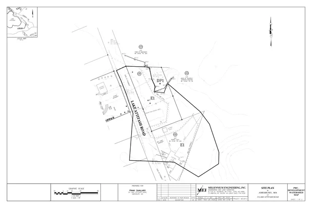 Pre-development watershed/site plan for 29 Lake Attitash Road in Amesbury, showing the parcel boundaries, existing buildings and driveway, contour lines, drainage/wetland features, and a small locus map inset.