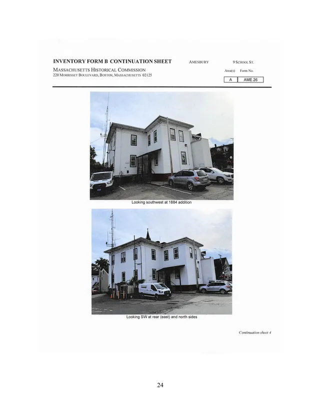 Inventory form continuation sheet with two color photographs of the existing building at 9 School Street. One view looks southwest at the 1884 addition, and the other looks southwest at the rear (east) and north sides of the building.