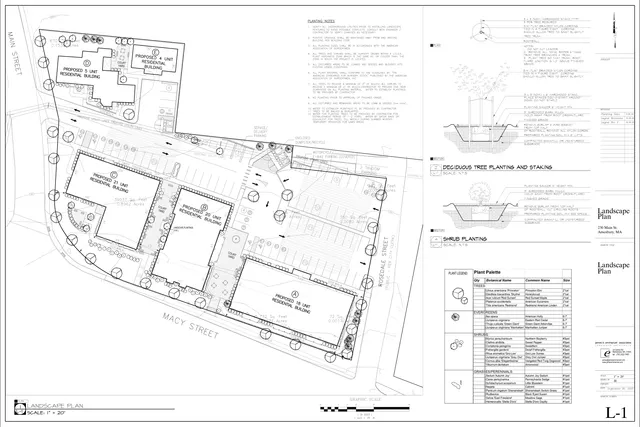 Landscape plan for the proposed 230 Main Street residential development, showing the site layout, building footprints, parking, sidewalks, planting areas, and tree/shrub planting details. The sheet also includes planting notes, a plant palette table, and typical planting/staking sections.