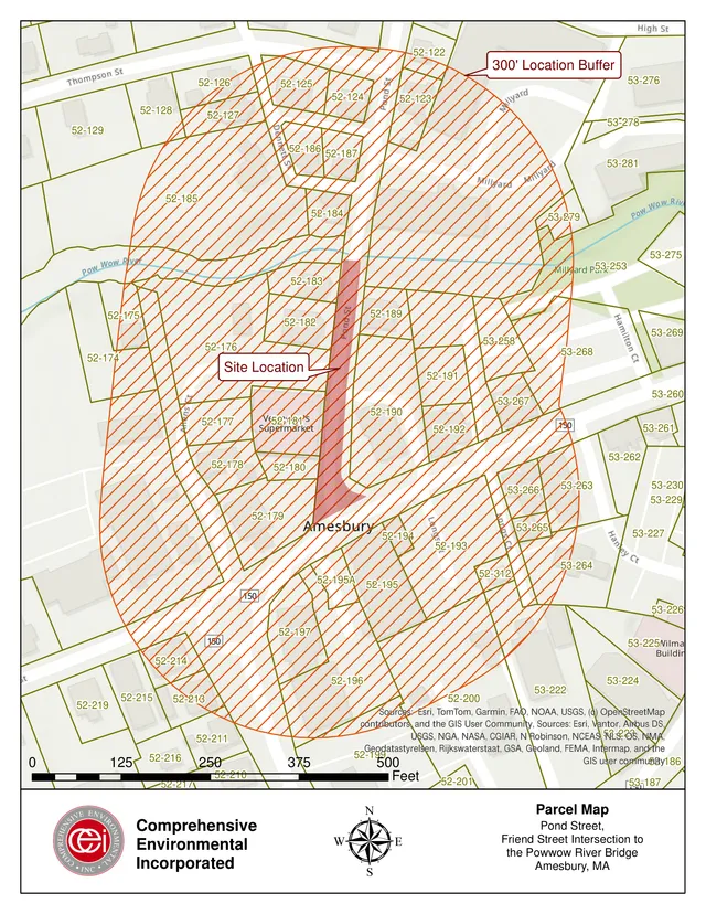 Parcel map of the Pond Street project area in Amesbury, MA, showing the site location highlighted in red with a 300-foot location buffer over surrounding parcels, roads, and the Pow Wow River. The map includes a north arrow, scale bar, and nearby streets and parcel numbers.