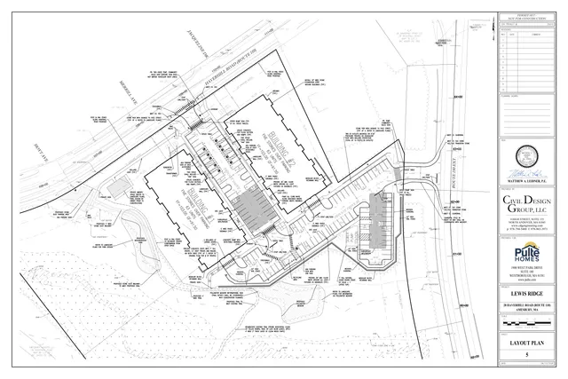 Overall layout plan for Lewis Ridge at 28 Haverhill Road, showing the proposed building footprints, parking, drive aisles, sidewalks, retaining walls, landscaping, and resource area/buffer delineations on the site.