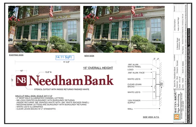Sign permit sheet showing the existing sign photo at left and the proposed Needham Bank wall sign at right on the building façade, with dimensions, materials, and a side-view section detail.