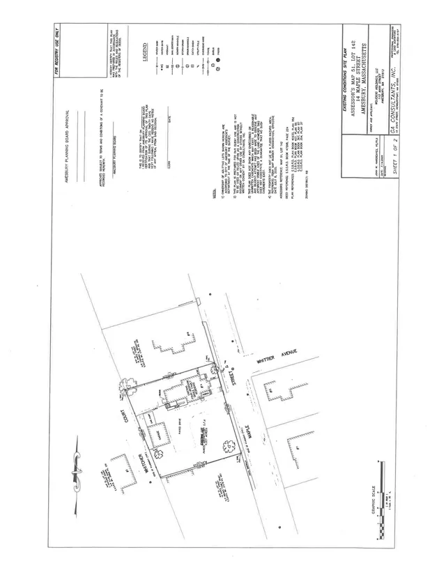 Existing conditions site plan for 14 Maple Street and surrounding lots, showing property boundaries, nearby streets (Maple Street, Whittier Avenue, and Court Street), the existing house and garage footprint, and utility/feature annotations.
