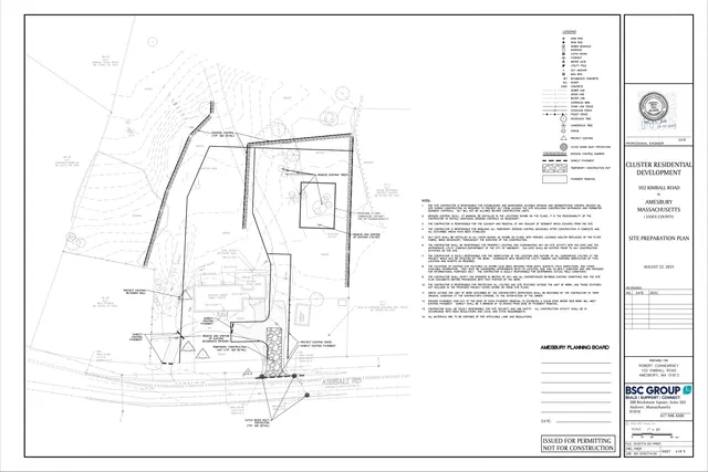 Site preparation plan for the proposed cluster residential development at 102 Kimball Road in Amesbury, showing the project limits, existing features, erosion control measures, grading/utility notes, and the driveway/access layout around the existing house and site frontage on Kimball Road.