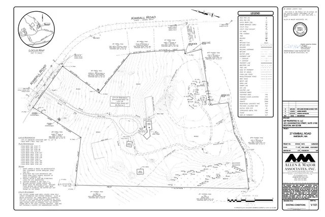 Existing conditions survey/site plan for 27 Kimball Road in Amesbury, showing property boundaries, contours, vegetation, structures, easements, and nearby road frontage along Kimball Road. The sheet also includes a locus map, legend, survey notes, and title block.