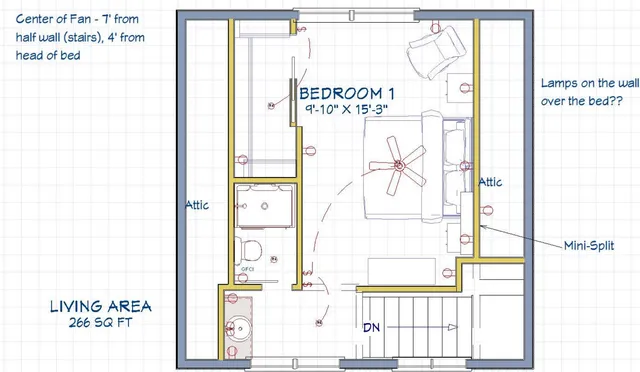 Interior floor plan of an ADU layout showing Bedroom 1, bathroom, living area, stairs down, attic areas, and furniture placement notes. The plan includes dimensions and electrical/fixture annotations such as a mini-split and wall lamps.