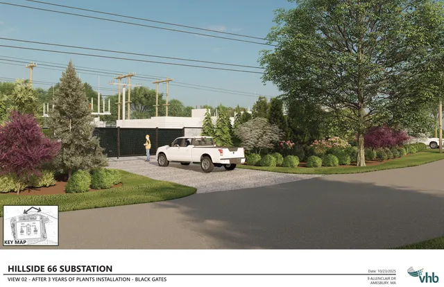 Full-color landscape rendering of the proposed Hillside 66 Substation, shown from a street-level view with black gate fencing, a paved drive, utility structures, and dense plantings after three years of growth. The scene includes overhead power lines, a vehicle at the entrance, and a key map inset in the lower-left corner.