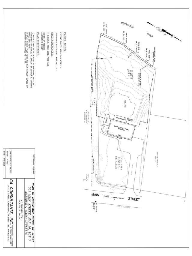 Plan view site layout for 501 Main Street in Amesbury, showing the existing single-family residence, proposed pool area, retaining wall modifications, construction access, and property boundaries near the Merrimack River and Main Street.